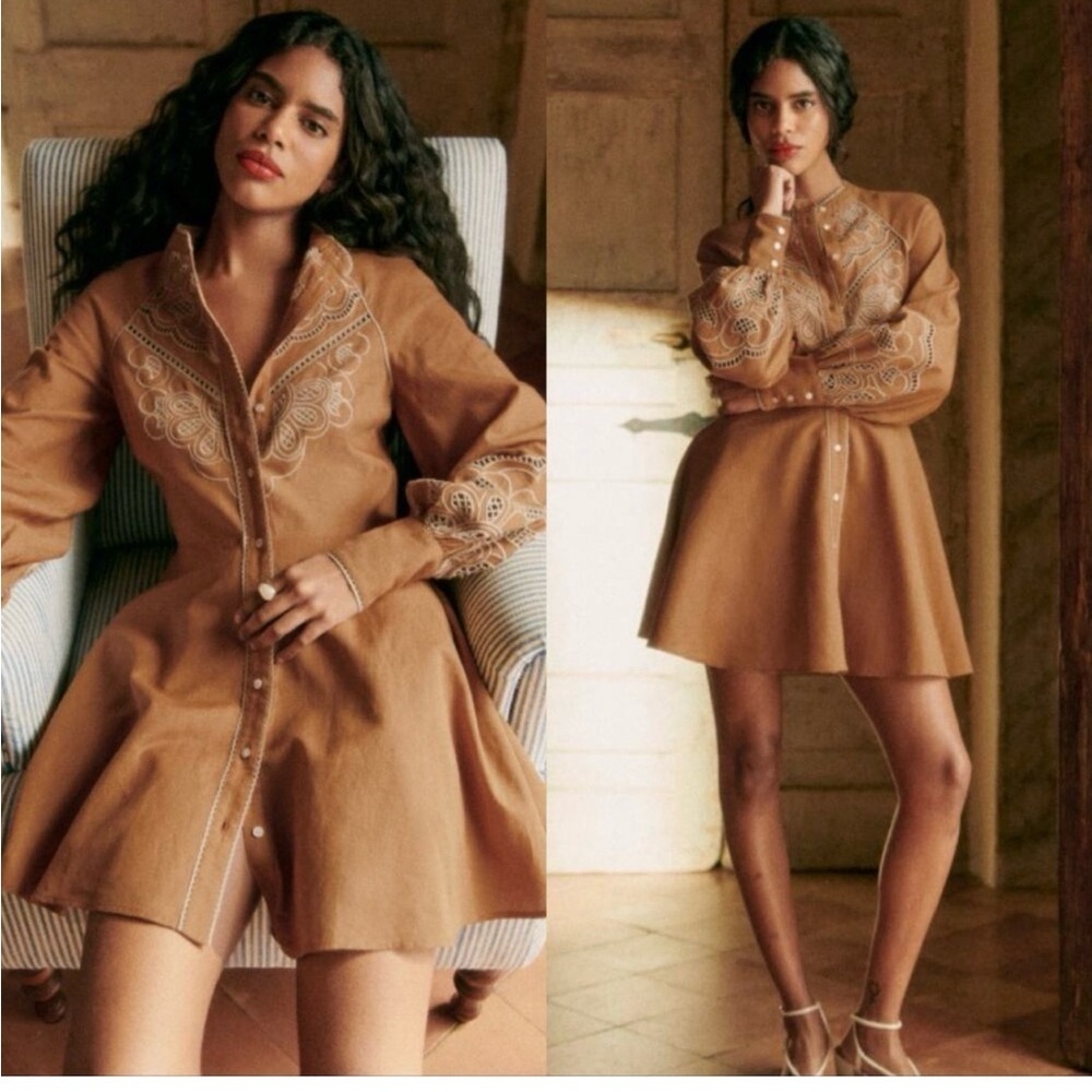NWT Sezane Caprice Intricate Embroidery Linen Dress In Camel Size 34 - Picture 2 of 8